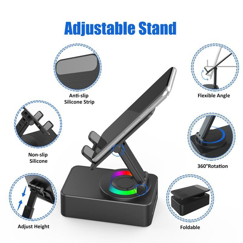 5 IN 1 Bluetooth Speaker Phone Stand With Colorful Lights – 360° Rotating Foldable Charger For Tablets & Smartphones